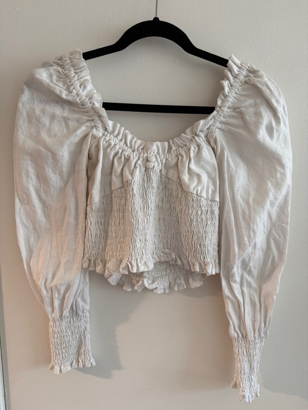 Faithfull the Brand White Linen Smocked Crop Top with Puff Sleeves - XS